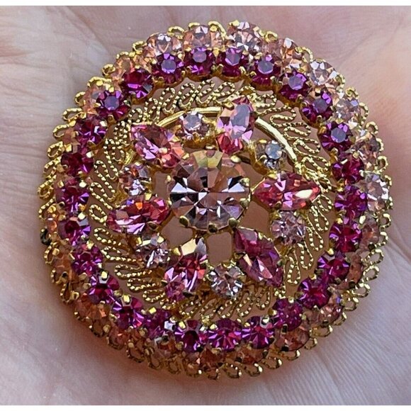Vintage Rhinestone Brooch Made In Austria Fuchsia Pink Domed Gold-Tone - Picture 1 of 13
